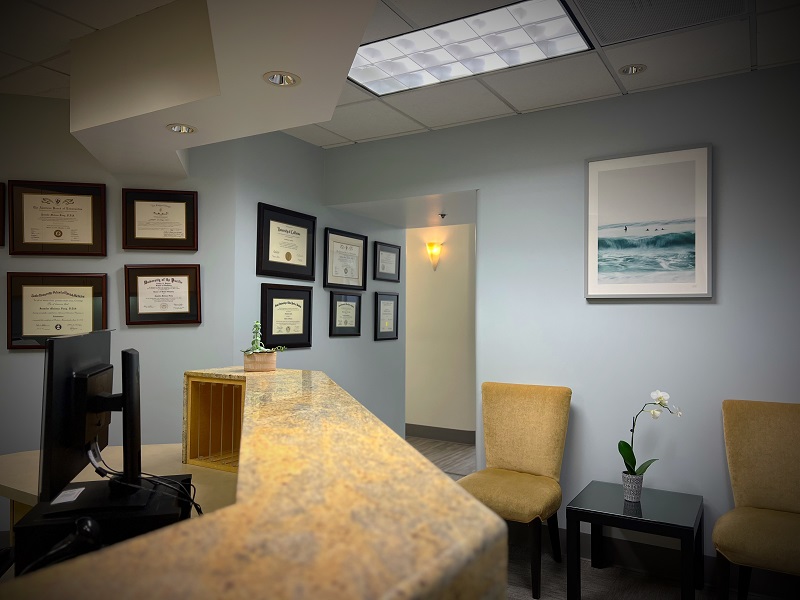 Inside front desk of office